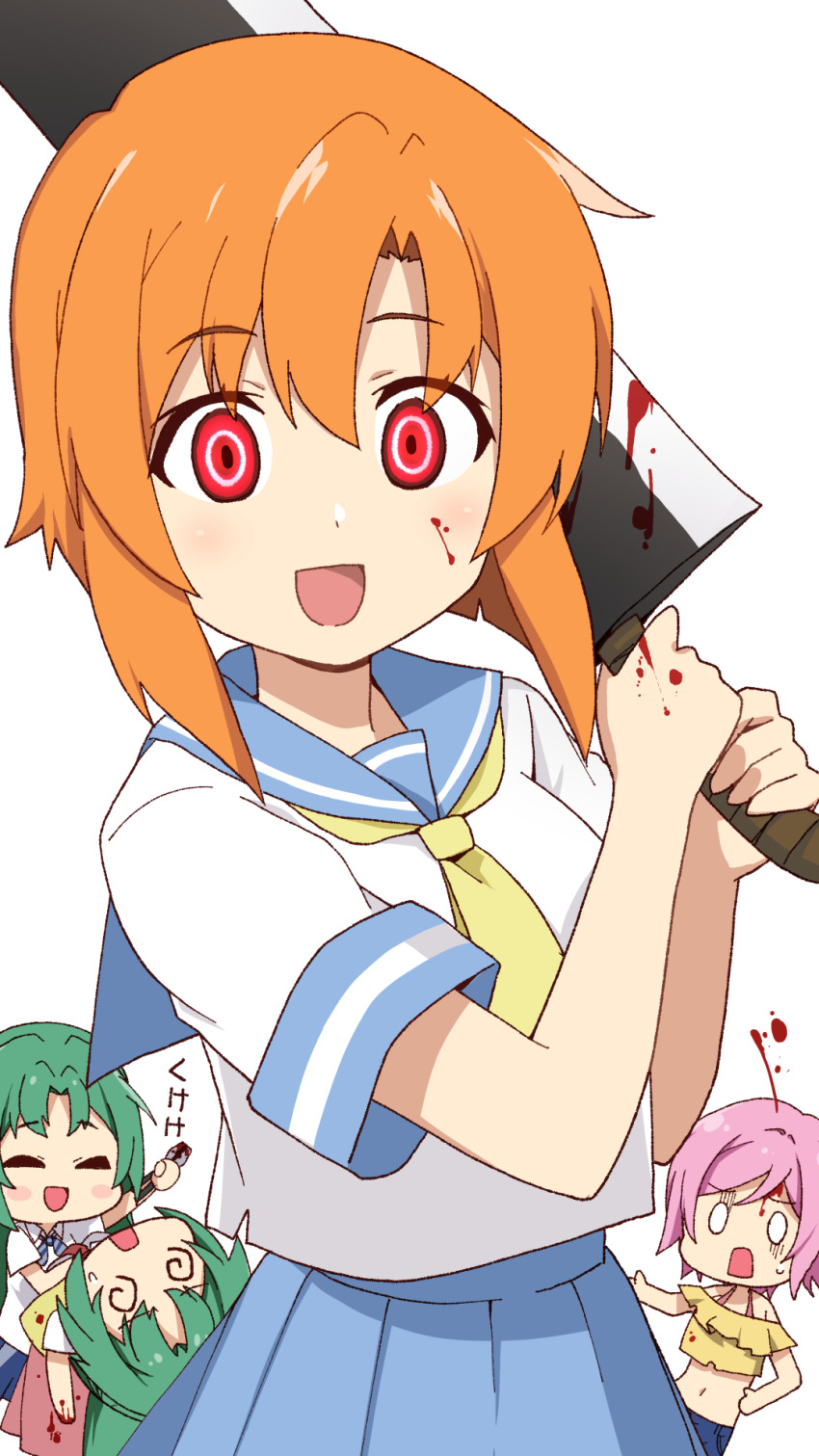 1girl, 4girls, @_@, blood, blood_on_face, bloody_weapon, blue_sailor_collar, blush_stickers