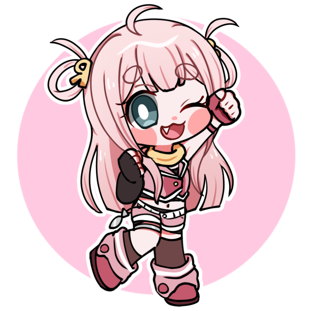 >_o, 1girl, :3, ahoge, arm_up, asymmetrical_gloves, asymmetrical_legwear, belt, blue_eyes, blush_stickers, chibi, chibi_only, cocorobo, commentary_request, cropped_vest, fang, fingerless_gloves, full_body, gloves, hair_ornament, hair_rings, long_hair, looking_at_viewer, midriff, navel, one_eye_closed, open_mouth, pink_hair, scarf, sharp_corporation, shorts, single_sock, single_thighhigh, smile, socks, solo, thick_eyebrows, thigh_strap, thighhighs, togase_ameko, two_side_up, uneven_gloves, uneven_legwear, vest, vocaloid