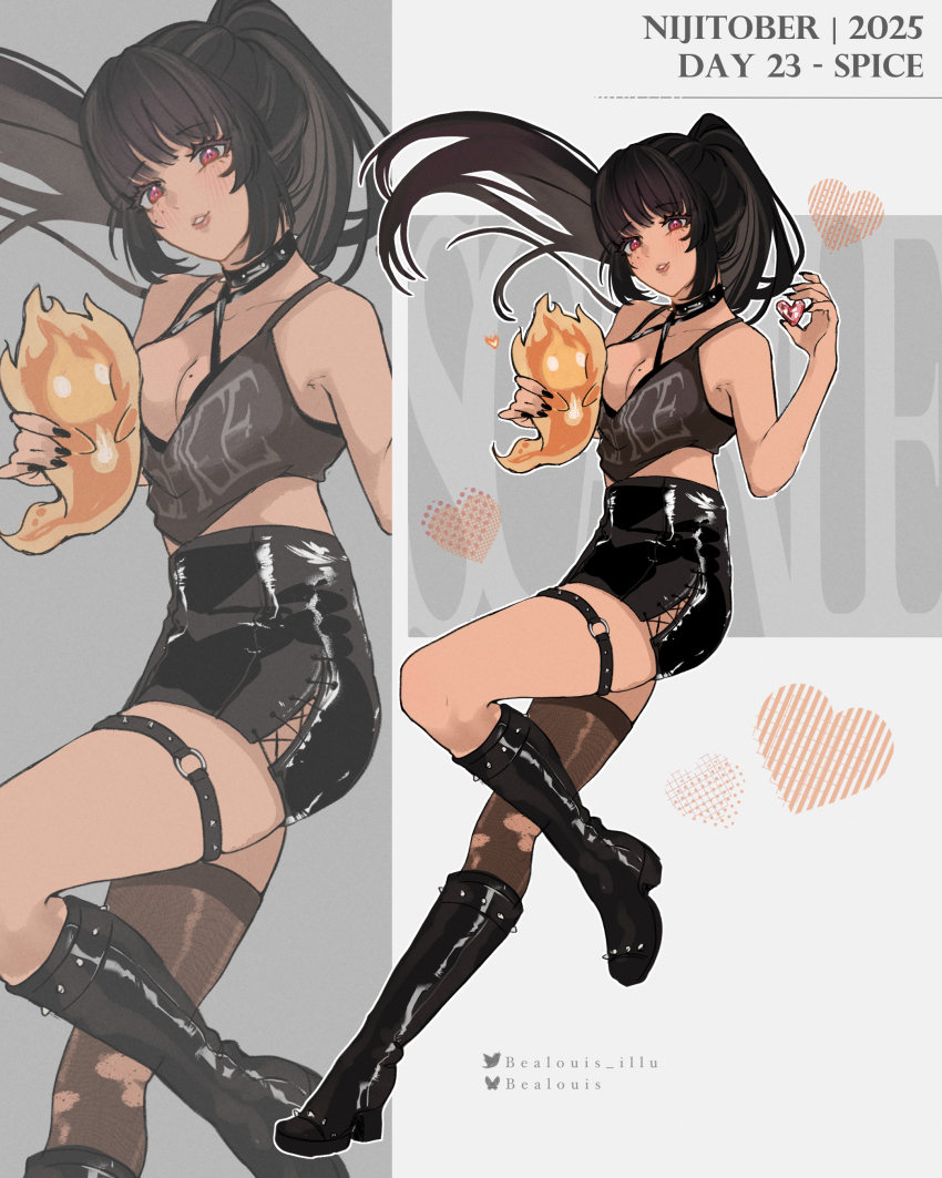 1girl, absurdres, artist_name, bealouis_illu, black_hair, black_shirt, blush, boots, breast_press, breasts, character_name, cleavage, collar, floating_hair, full_body, heart, high_heels, high_ponytail, highres, holding, holding_heart, knee_boots, leather, leather_skirt, looking_at_viewer, medium_breasts, mole, mole_on_breast, nijisanji, nijisanji_en, o-ring, o-ring_thigh_strap, parted_lips, ponytail, red_eyes, scarle_yonaguni, scarling_(scarle_yonaguni), shirt, skirt, spiked_collar, spikes, thigh_strap, twitter_username, virtual_youtuber, zoom_layer