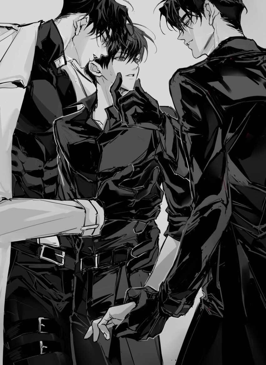 3boys, absurdres, black_gloves, black_hair, black_shirt, clone_harem, coat, collared_shirt