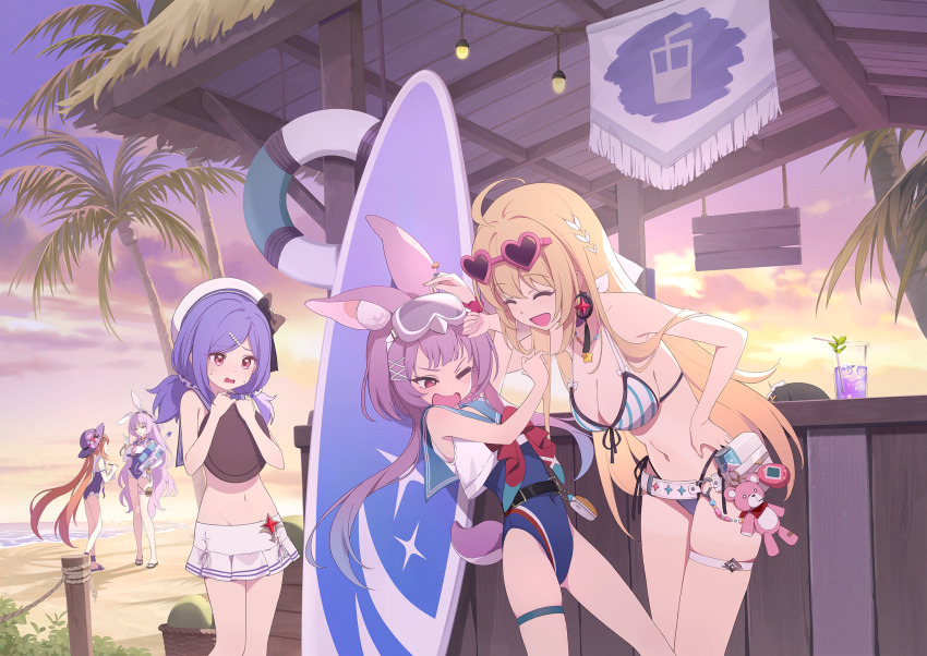 5girls, :d, ahoge, amber_(stella_sora), aqua_bikini, beach, bikini, blonde_hair