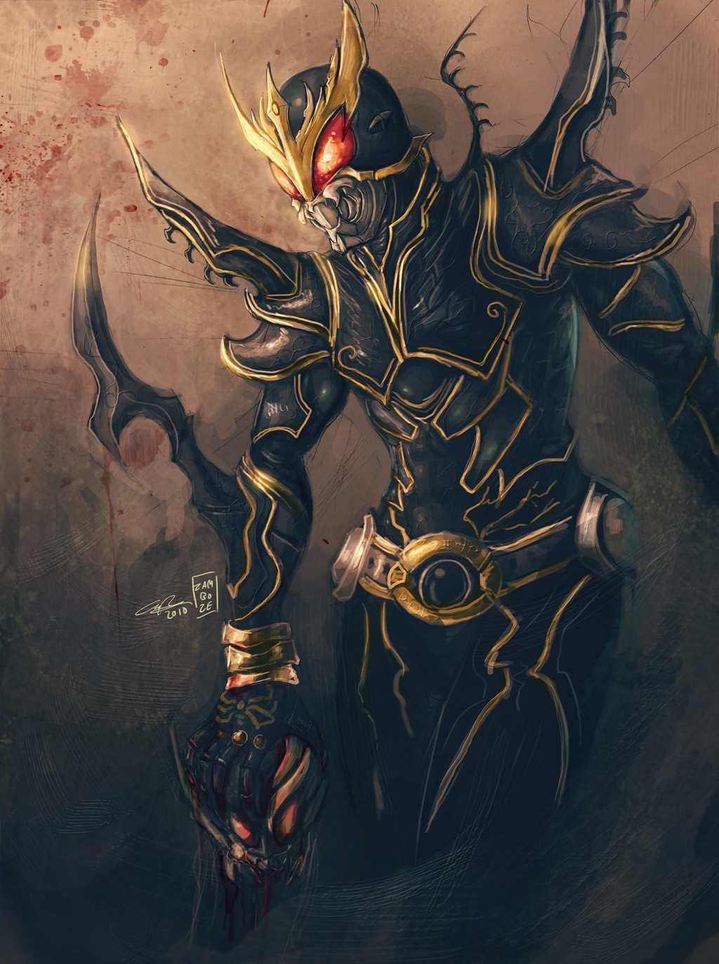 1boy, arm_blade, armor, belt, head, helmet, highres, horns, kamen_rider, kamen_rider_kuuga, kamen_rider_kuuga_(series), kamen_rider_kuuga_(ultimate_form), male_focus, n-daguva-zeba, solo, weapon, zamboze