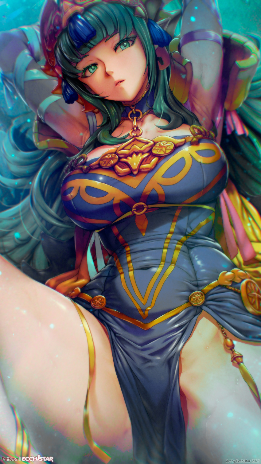 1girl, absurdres, armpits, arms_behind_head, arms_up, breasts, covered_navel, cutepet