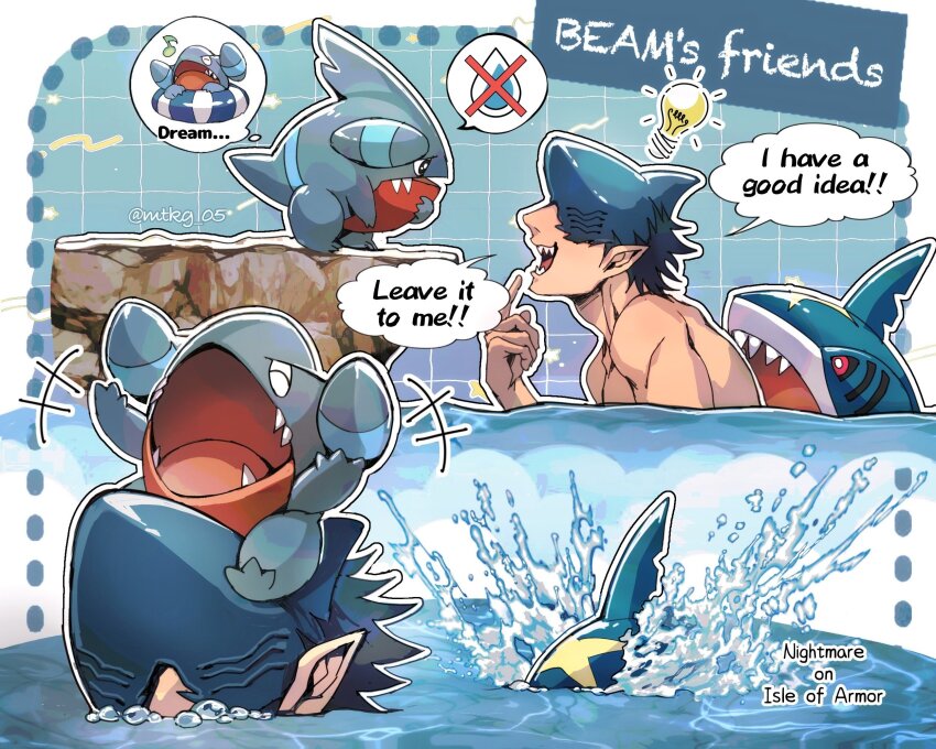 +++, 1boy, arms_up, beam_(chainsaw_man), black_hair, chainsaw_man, cloud, cloudy_sky, commentary_request, english_text, finger_to_mouth, gen_3_pokemon, gen_4_pokemon, gible, highres, image_in_speech_bubble, image_in_thought_bubble, light_bulb, looking_at_another, male_focus, mtkg_05, nintendo, ocean, open_mouth, partially_submerged, pointy_ears, pokemon, pokemon_(creature), red_eyes, riding, shark_boy, shark_fin, shark_head, sharp_teeth, sharpedo, short_hair, sky, speech_bubble, standing, swimming, teeth, thought_bubble, tongue, water