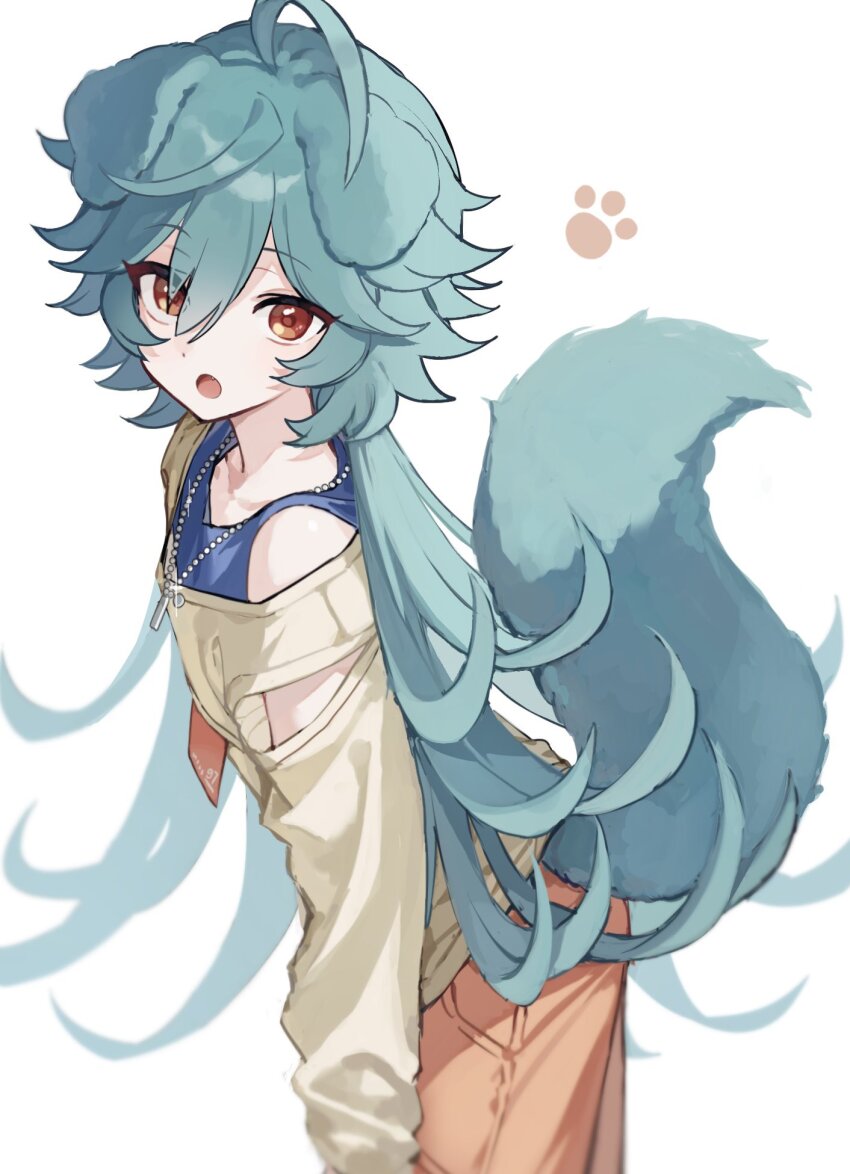 1boy, :o, ahoge, animal_ears, aqua_hair, blue_shirt, blue_tank_top, dog_boy, dog_ears, dog_tail, ensemble_stars!, fang, from_side, hair_between_eyes, highres, hojo_raika, jewelry, korean_commentary, long_hair, long_sleeves, looking_at_viewer, male_focus, mullet, necklace, necktie, off-shoulder_jacket, off_shoulder, open_mouth, orange_pants, pants, paw_print, red_eyes, red_necktie, shirt, simple_background, solo, sweater, tail, tank_top, trap, tsmkwa, very_long_hair, white_background