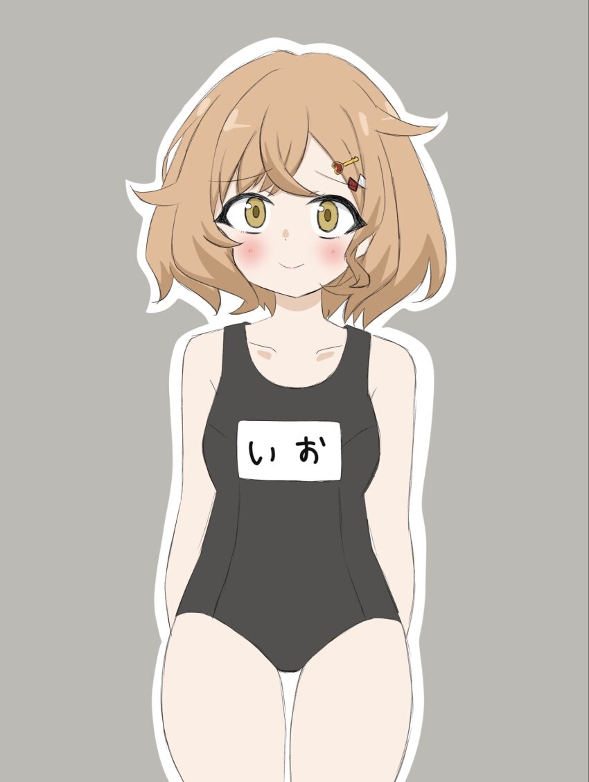 1girl, arms_at_sides, assault_lily, black_one-piece_swimsuit, blush, breasts, brown_eyes, brown_hair, closed_mouth, collarbone, commentary_request, cowboy_shot, crossed_bangs, grey_background, hair_ornament, hairclip, heart, heart_hair_ornament, highres, kuwata_io, looking_at_viewer, medium_hair, name_tag, one-piece_swimsuit, raised_eyebrows, school_swimsuit, simple_background, small_breasts, smile, solo, standing, swimsuit, unu_(yayoinoasagohan)