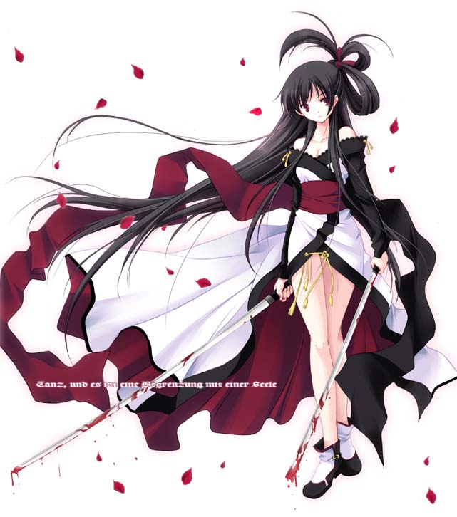 1girl, black_hair, blood, breasts, cleavage, female_focus, german_text, hair_ribbon, japanese_clothes, katase_nano, katasena, kimono, legs, long_hair, original, petals, ranguage, red_eyes, ribbon, solo, sword, thighs, translated, weapon