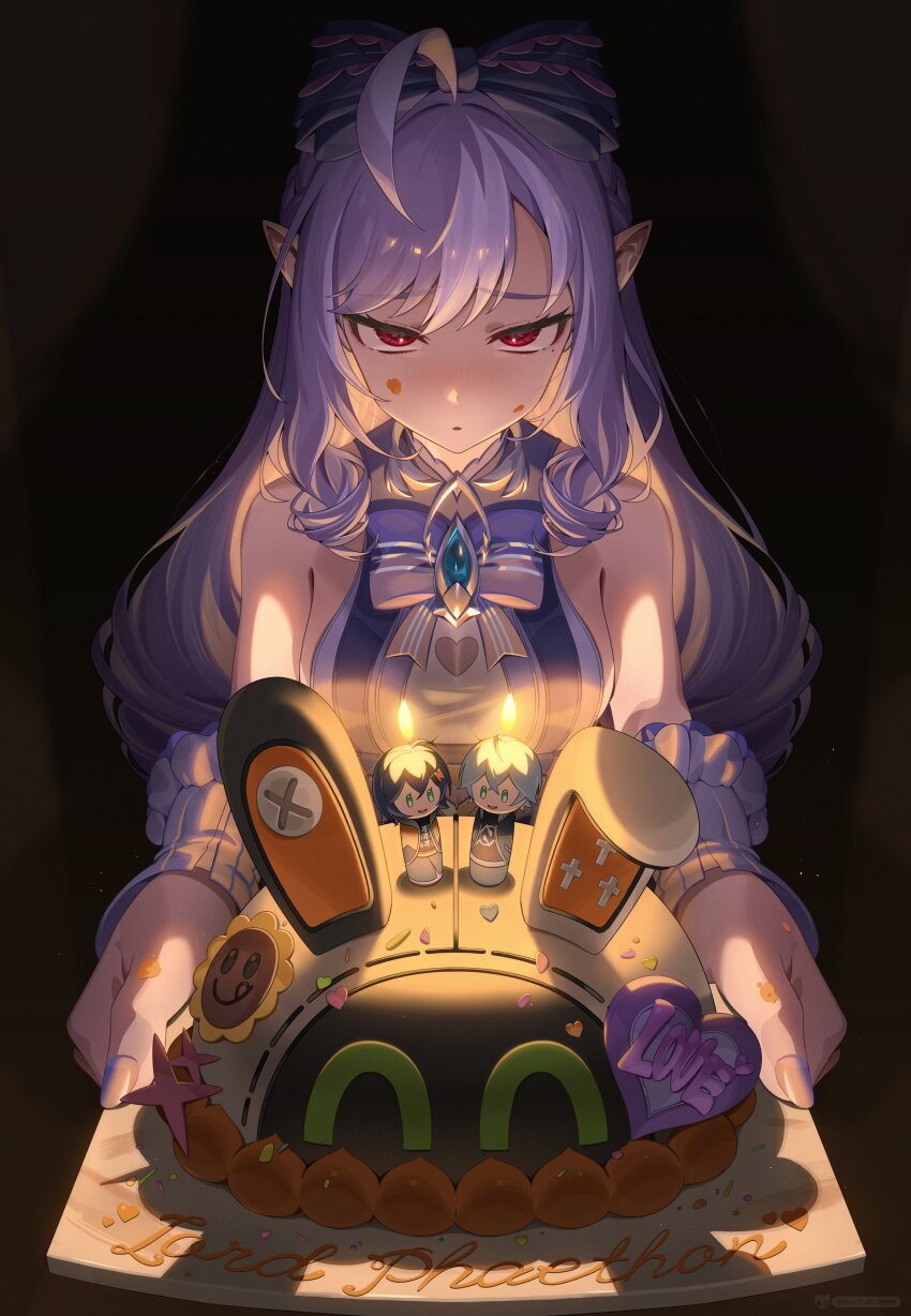 1girl, absurdres, ahoge, bangboo_(zenless_zone_zero), bare_shoulders, bbang_uk_00000, belle_(zenless_zone_zero), birthday_cake