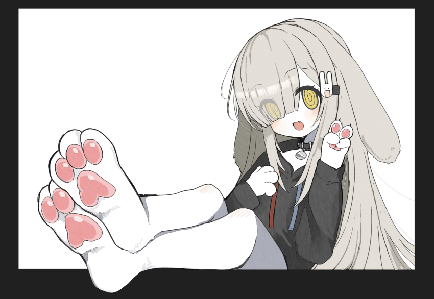 1girl, @_@, animal_ears, animal_feet, animal_hands, fang, feet, floppy_ears