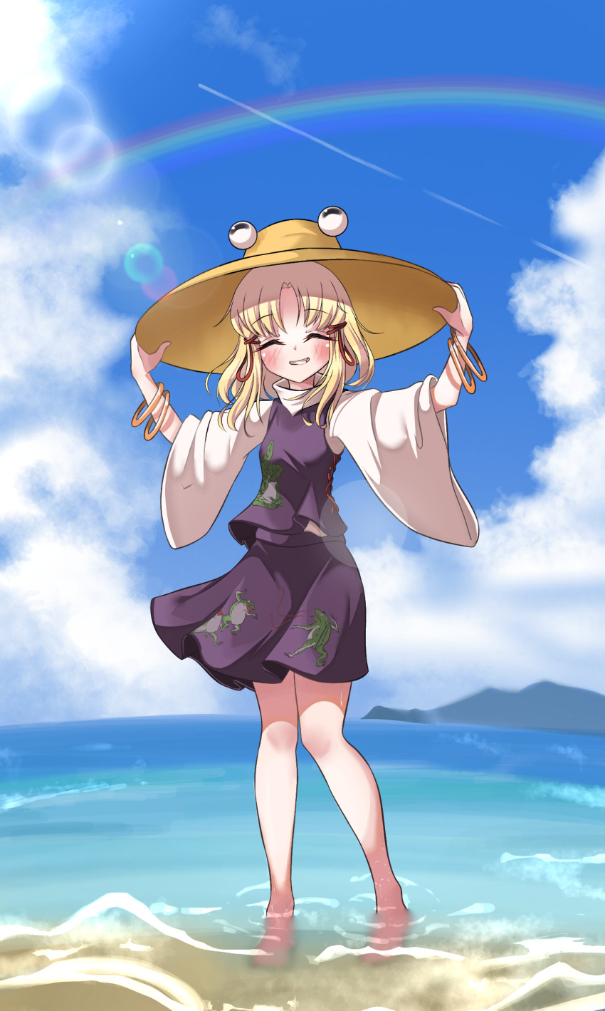 1girl, barefoot, blonde_hair, blue_sky, brown_hat, closed_eyes, cloud, cloudy_sky