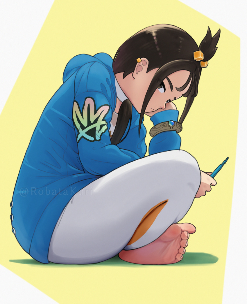 1girl, barefoot, black_hair, blue_hoodie, bracelet, closed_mouth, commentary_request, feet