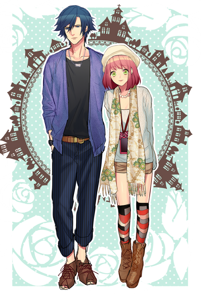 10s, 1boy, 1girl, bad_id, bad_pixiv_id, blue_eyes, blue_hair, fujiwara_ryo_(wsise47)