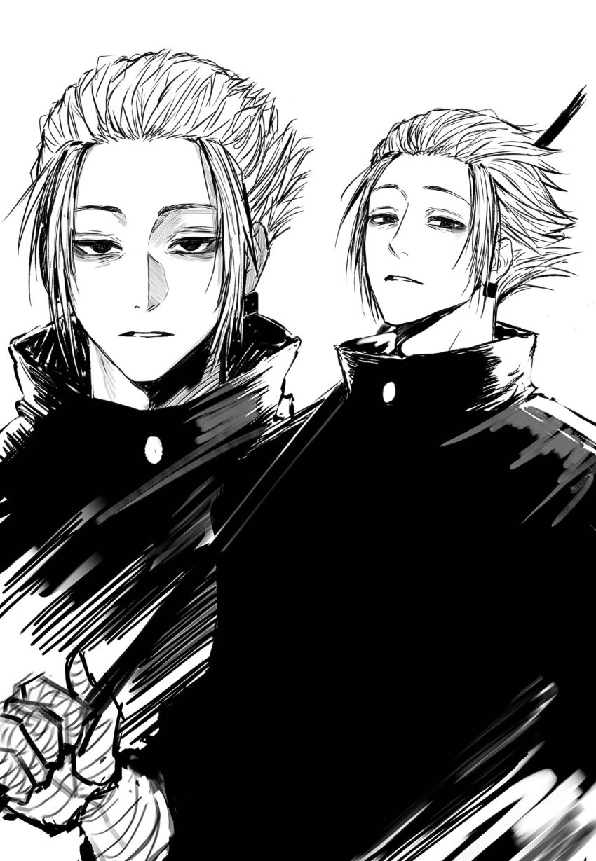 1boy, bandaged_arm, bandaged_hand, bandages, earrings, forehead, gaku_(sakamoto_days), greyscale