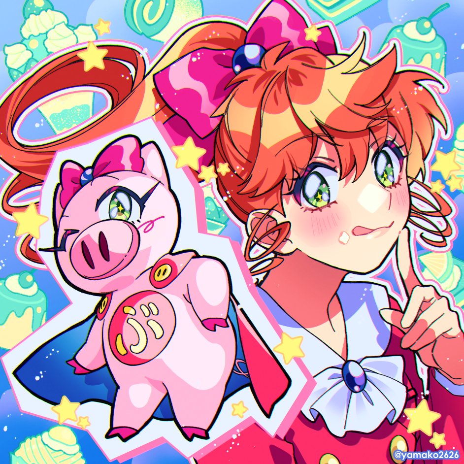 blue_background, bow, buurin_(tonde_buurin), drill_hair, drill_sidelocks, green_eyes, hair_bow, kokubu_karin