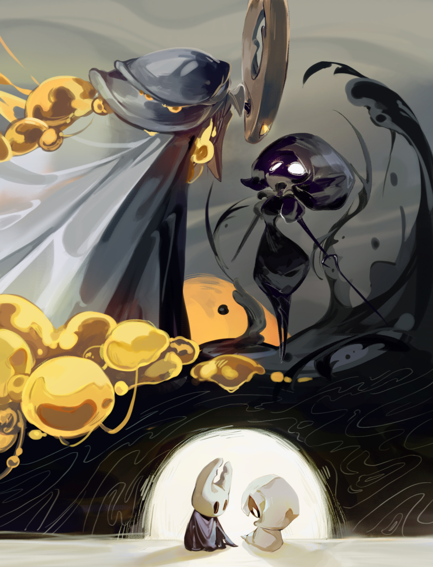 arthropod_girl, black_eyes, black_skin, blankowalska, cloak, colored_skin, empty_eyes, glowing, glowing_eyes, grey_cloak, highres, hollow_eyes, hollow_knight, hollow_knight:_silksong, hollow_knight_(character), horns, knight_(hollow_knight), lace_(hollow_knight), looking_at_another, lost_lace, mask, pin_(hollow_knight), sitting, spoilers, white_eyes, white_mask, yellow_eyes