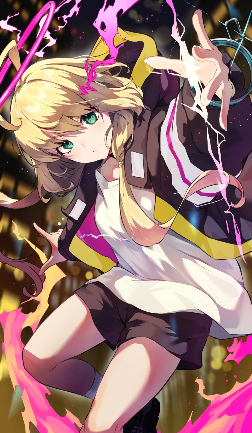 1girl, ahoge, blonde_hair, dutch_angle, elle_(monster_strike), green_eyes, halo, highres