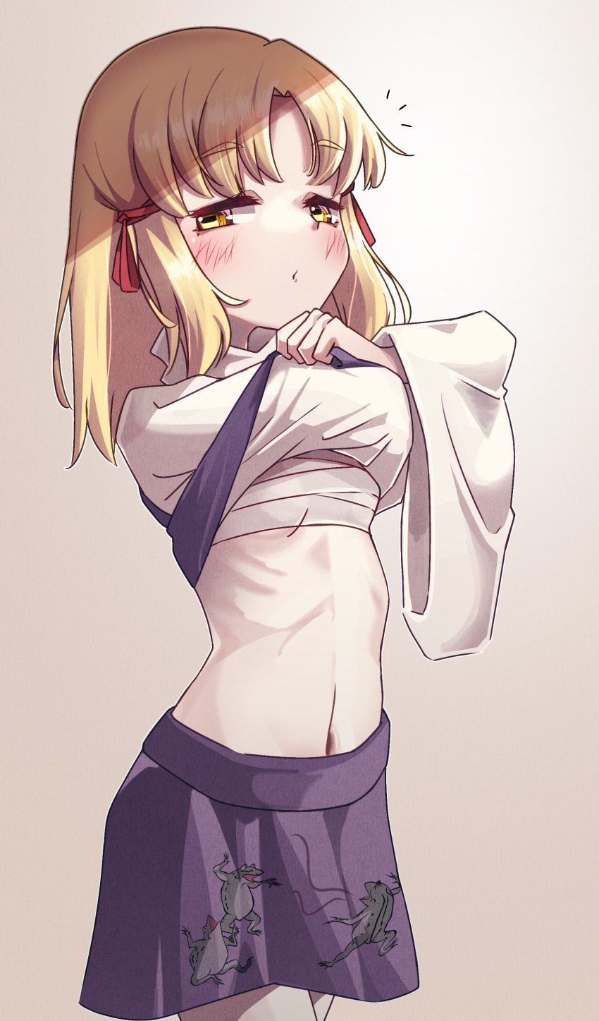 1girl, absurdres, blonde_hair, blush, breasts, brown_background, chest_sarashi, clothes_lift