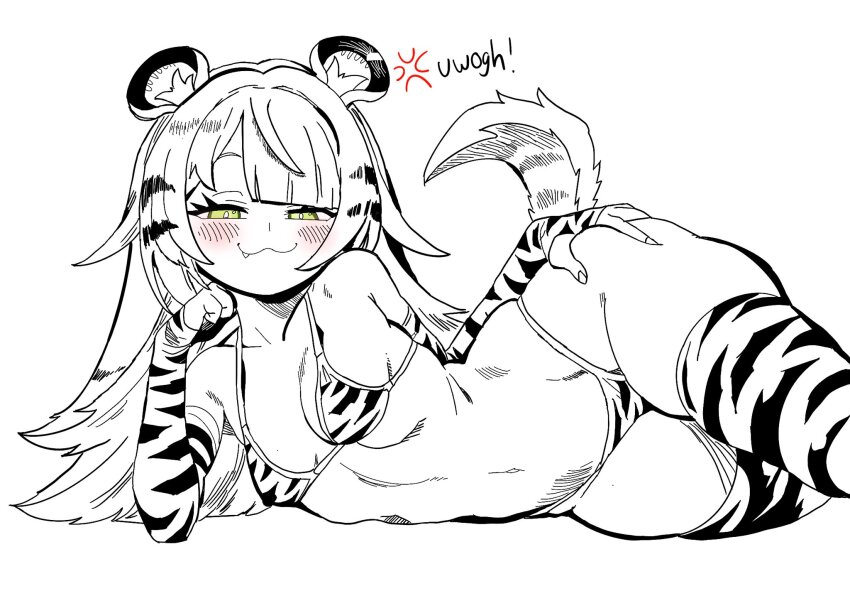 1girl, :3, anger_vein, animal_ears, blush, detached_sleeves, fang, fingerless_gloves, gloves, green_eyes, hand_on_own_ass, highres, ju_fufu, kunitoro_(artist), looking_at_viewer, lying, meme, on_side, petite, smile, smug, solo, tail, thick_thighs, thighhighs, thighs, uohhhhhhhhh!_(meme), wide_hips, zenless_zone_zero