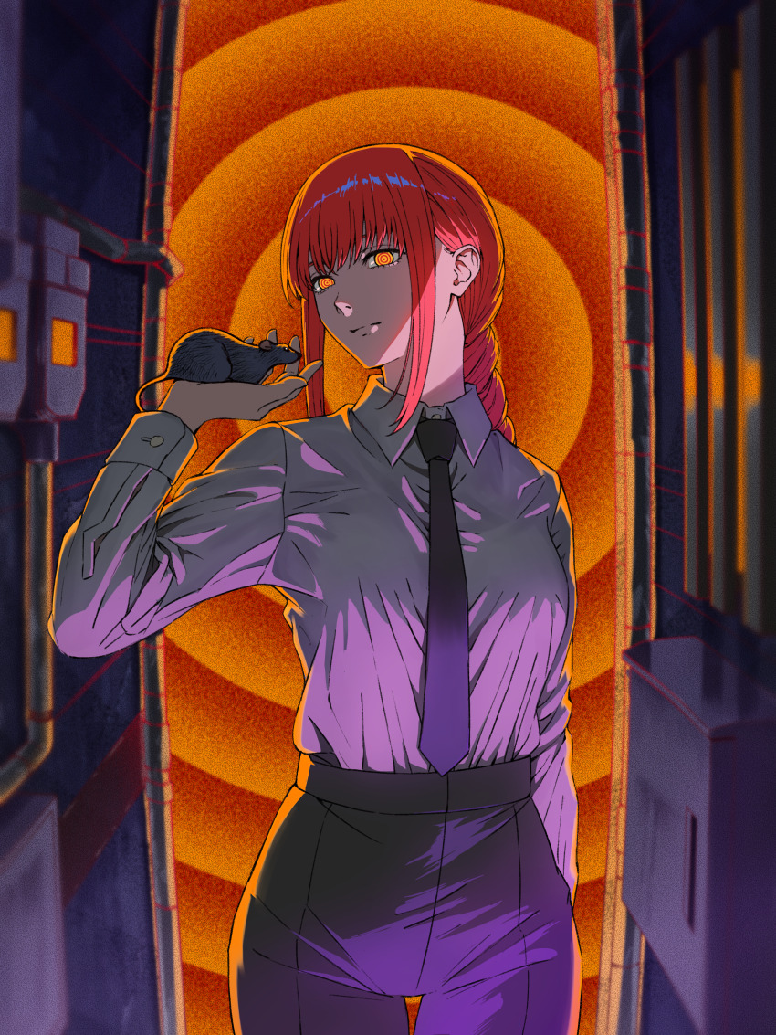 1girl, absurdres, animal, animal_on_head, black_necktie, black_pants, chainsaw_man, closed_mouth, collared_shirt, commentary_request, cowboy_shot, grey_shirt, highres, long_sleeves, looking_at_viewer, makima_(chainsaw_man), mouse_(animal), mouse_on_hand, necktie, on_head, orange_eyes, pants, red_hair, ringed_eyes, shirt, shirt_tucked_in, sidelocks, solo, zupakyo