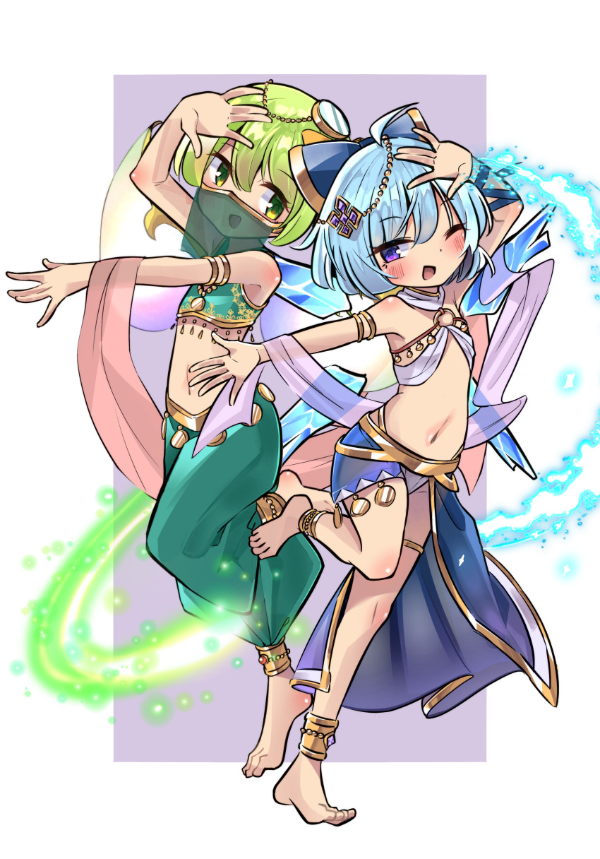 2girls, absurdres, alternate_costume, barefoot, blue_bow, blue_hair, bow, bra, cirno, daiyousei, dancer, dancing, esujii_(sg_gush_wak), fairy, fairy_wings, green_eyes, green_hair, green_pants, hair_bow, halterneck, harem_pants, highres, ice, ice_wings, mouth_veil, multiple_girls, navel, one_eye_closed, pants, petite, short_hair, smile, stole, stomach, touhou, underwear, veil, white_bra, wings