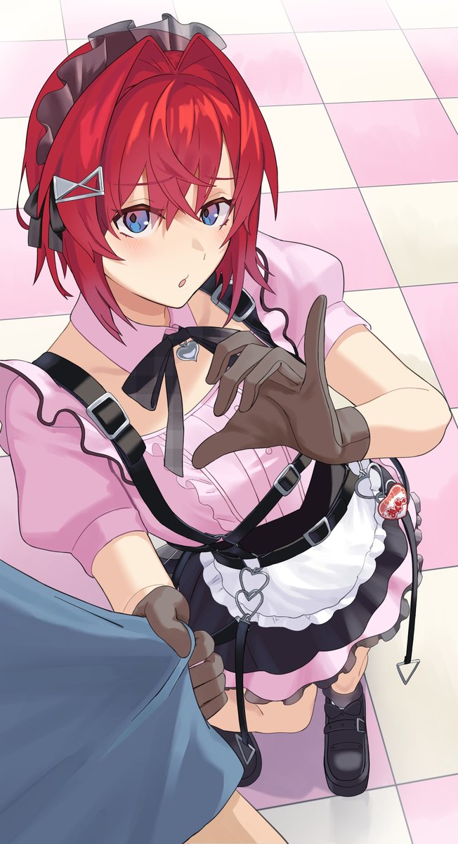 1girl, ange_katrina, apron, black_ribbon, black_shoes, black_skirt, blue_eyes, blush