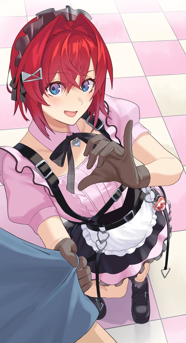 1girl, ange_katrina, apron, black_ribbon, black_shoes, black_skirt, blue_eyes, blush