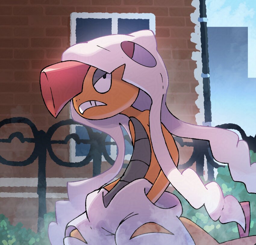 city, clenched_teeth, fence, gen_5_pokemon, hands_in_pockets, highres, hood, hoodie, juno_son, mega_pokemon, mega_scrafty, nintendo, no_humans, pokemon, pokemon_(creature), pokemon_focus, scrafty, tail, teeth, white_hoodie