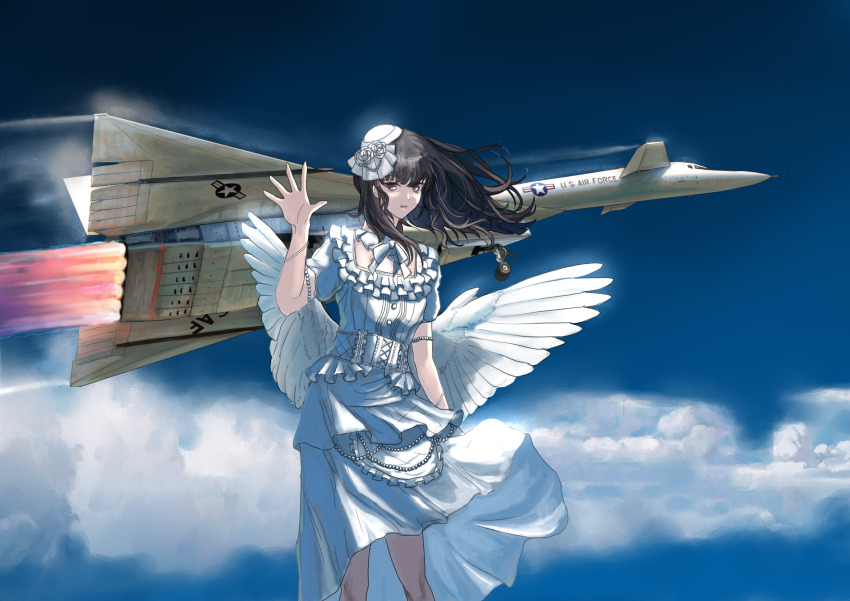 1girl, absurdres, aircraft, airplane, bang_dream!, bang_dream!_girls_band_party!, black_hair, blue_sky