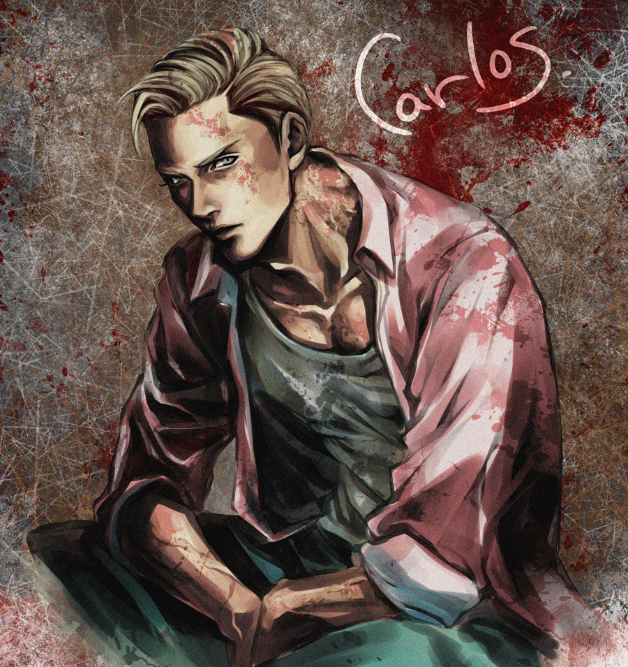 1boy, blonde_hair, blood, blood_splatter, carlos_(kyokugen_dasshutsu), character_name, closed_mouth, commentary_request