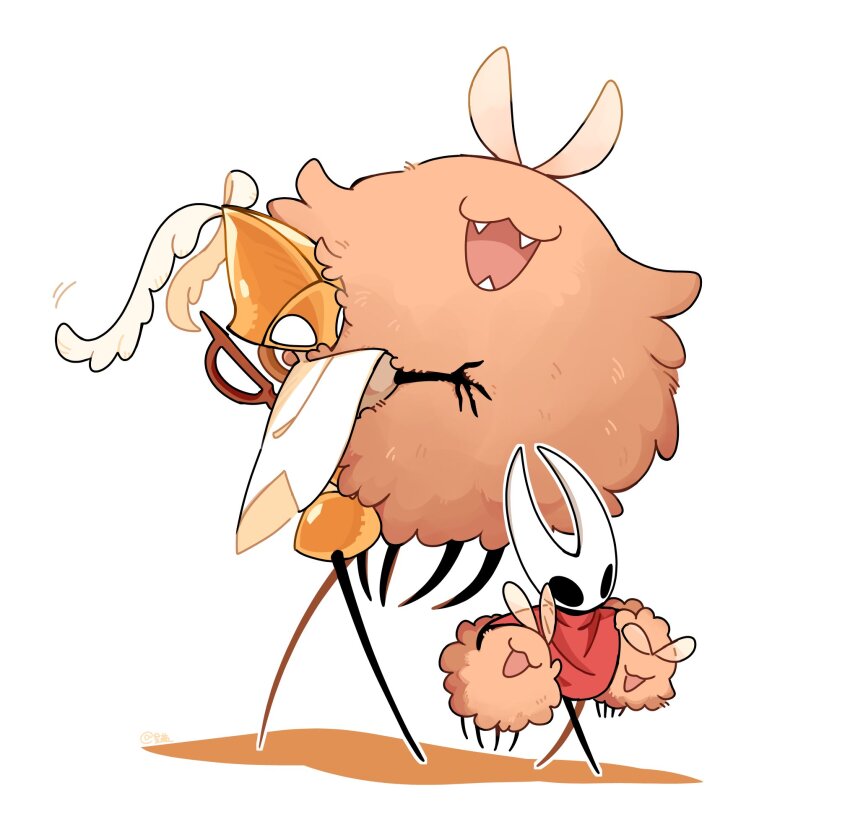 arthropod_girl, arthropod_limbs, black_eyes, black_skin, blank_eyes, carrying, carrying_under_arm, cloak, colored_skin, fangs, flea_(hollow_knight), fluffy, full_body, highres, hollow_eyes, hollow_knight, hollow_knight:_silksong, horned_mask, hornet_(hollow_knight), horns, hug, huge_flea_(hollow_knight), humanoid_robot, mask, no_eyes, no_humans, red_cloak, robot, second_sentinel_(hollow_knight), simple_background, starowarblern, walking, white_background, white_cloak, white_eyes, white_mask