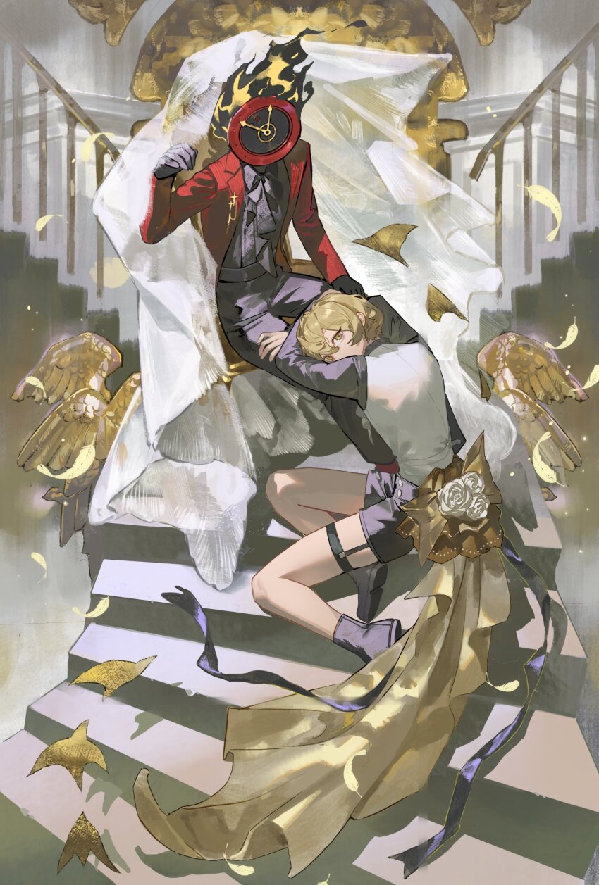 1boy, 1other, black_gloves, black_pants, black_shirt, black_shoes, black_shorts, blonde_hair