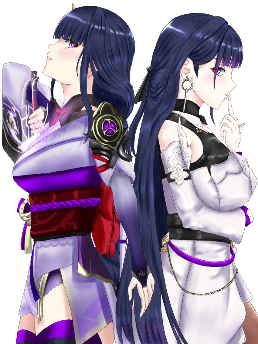 2girls, armor, asymmetrical_sleeves, back_bow, bare_shoulders, behind_another, black_choker, blunt_bangs