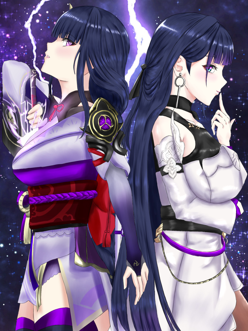 2girls, armor, asymmetrical_sleeves, back_bow, bare_shoulders, behind_another, black_choker, blunt_bangs