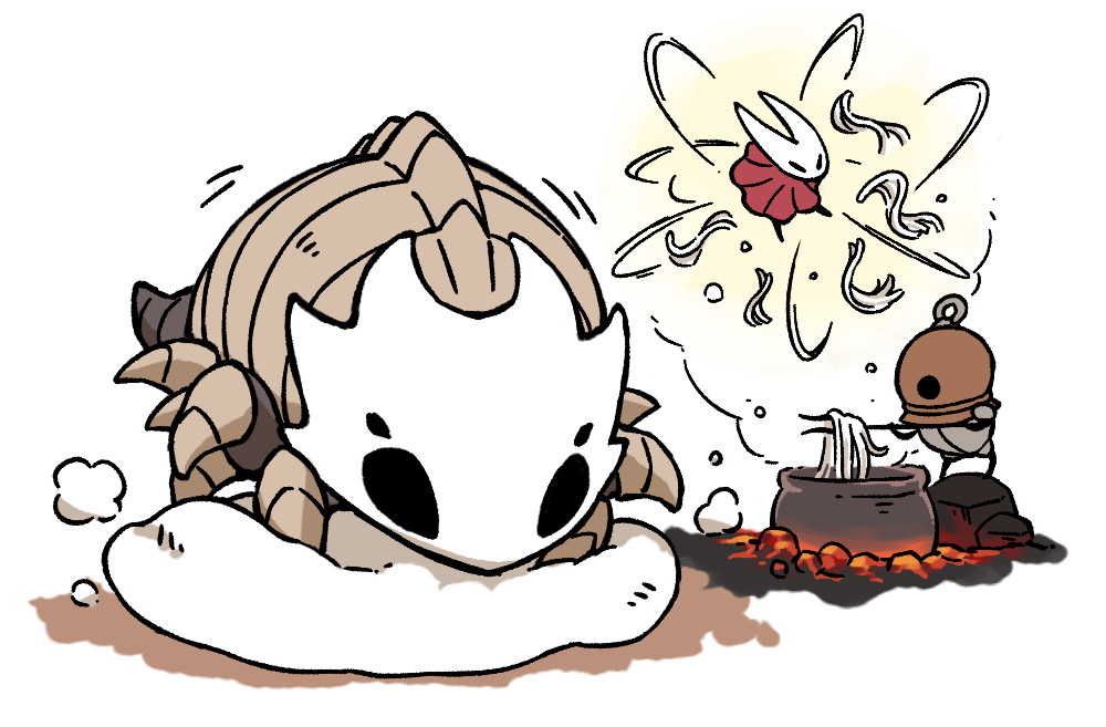 1boy, 1girl, arthropod_girl, ballow_(hollow_knight), bell_beast_(hollow_knight), cauldron, cloak, commentary_request, cooking, dough, food, fuifui, helmet, holding, hollow_eyes, hollow_knight, hollow_knight:_silksong, horned_mask, hornet_(hollow_knight), mask, multiple_legs, noodles, red_cloak, udon, white_mask
