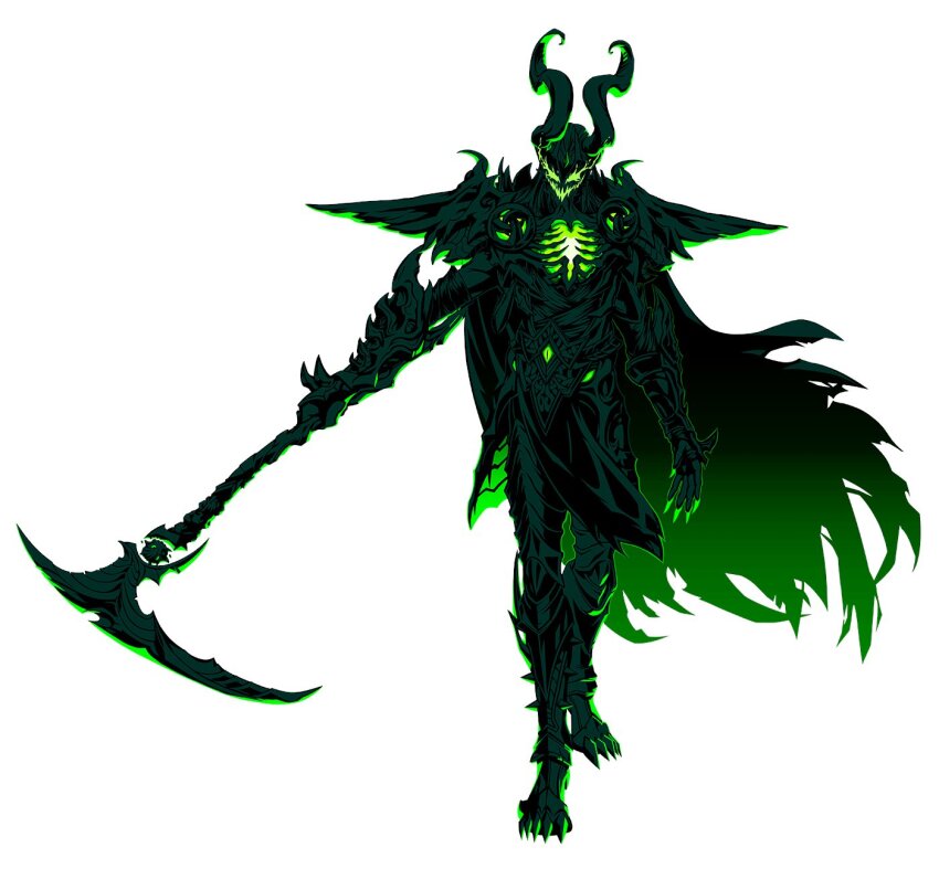 1boy, aalure, armor, black_armor, black_cape, cape, fake_horns, fingernails, full_body, glowing, gradient_cape, green_cape, green_eyes, green_nails, highres, holding, holding_scythe, holding_weapon, horned_headwear, horns, korean_commentary, loki_(all-butcher)_(marvel), loki_(marvel), long_fingernails, male_focus, marvel, marvel_rivals, official_alternate_costume, pauldrons, scythe, sharp_fingernails, shoulder_armor, solo, thor_(marvel)_(series), torn_cape, torn_clothes, weapon, white_background