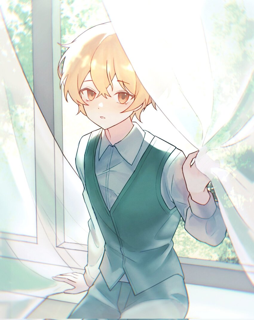 1boy, bishounen, blonde_hair, buhuaixiaoguai, collared_shirt, cowboy_shot, curtains, green_vest