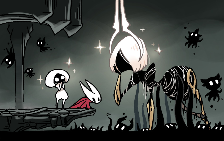 3girls, 6+others, arthropod_girl, black_skin, cloak, colored_skin, commentary_request, darkness, floating, fuifui, grand_mother_silk_(hollow_knight), hand_on_own_cheek, hand_on_own_face, hollow_eyes, hollow_knight, hollow_knight:_silksong, horned_mask, hornet_(hollow_knight), horns, lace_(hollow_knight), mask, motion_lines, multiple_girls, multiple_others, red_cloak, shade_(hollow_knight), sibling_(hollow_knight), sparkle, tendril, thread, waving, white_eyes, white_hair, white_mask