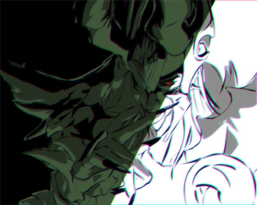 1boy, aalure, armor, black_sclera, chromatic_aberration, colored_sclera, fake_horns, fingernails