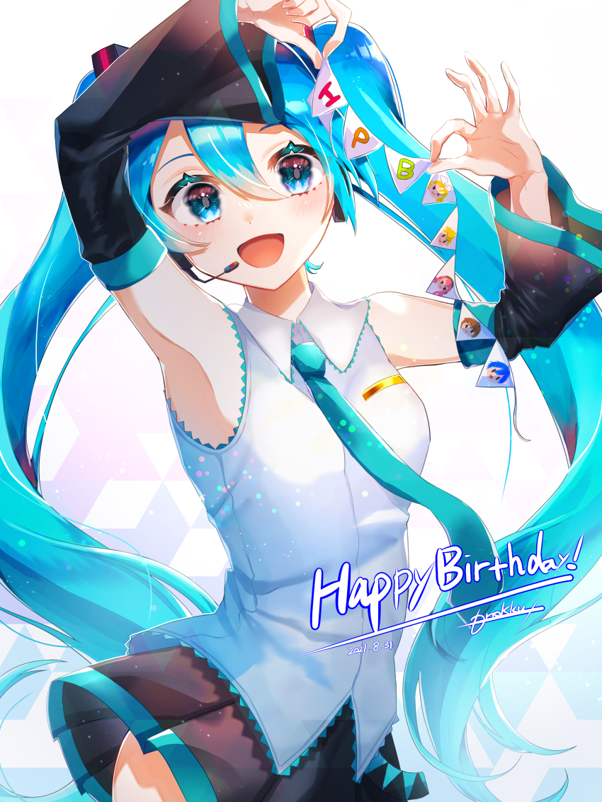 1girl, absurdres, aqua_eyes, aqua_hair, aqua_necktie, aqua_trim, armpits, birthday