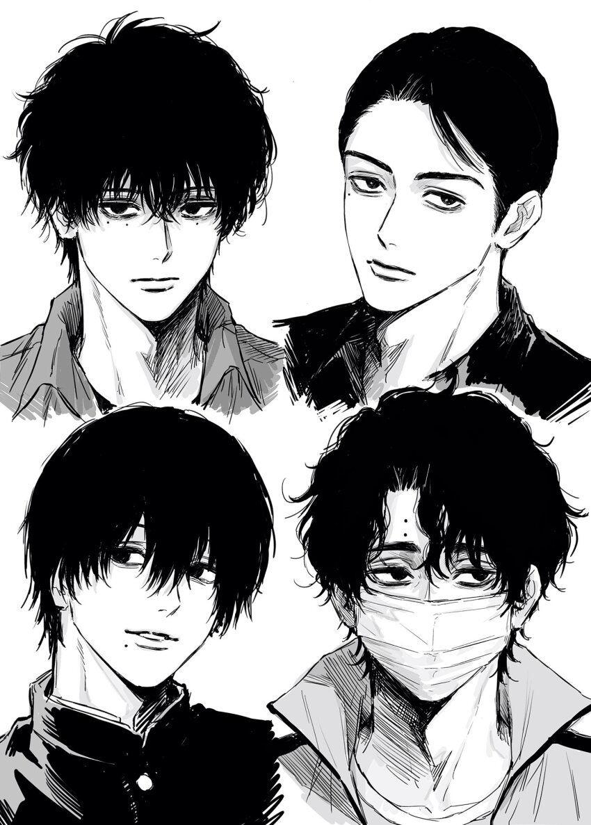 4boys, buttons, chainsaw_man, closed_mouth, collared_shirt, cropped_shoulders, gakuran, greyscale, haikyuu!!, hair_between_eyes, highres, jacket, kobayashi_keiji_(onna_no_sono_no_hoshi), looking_at_viewer, looking_to_the_side, male_focus, mask, mole, mole_on_forehead, mole_under_eye, mole_under_mouth, monochrome, mouth_mask, multiple_boys, multiple_moles, onna_no_sono_no_hoshi, parted_bangs, parted_lips, sakamoto_days, sakusa_kiyoomi, school_uniform, seba_natsuki, shirt, short_hair, simple_background, sso_s, teeth, unzipped, white_background, yoshida_hirofumi