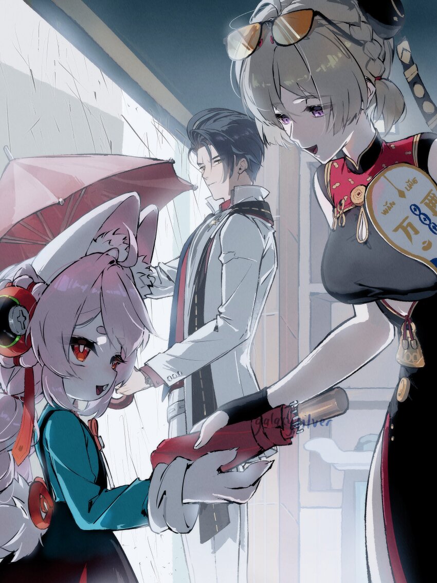 1boy, 2girls, absurdres, accessories, animal_ear_fluff, animal_ears, artist_name, black_dress