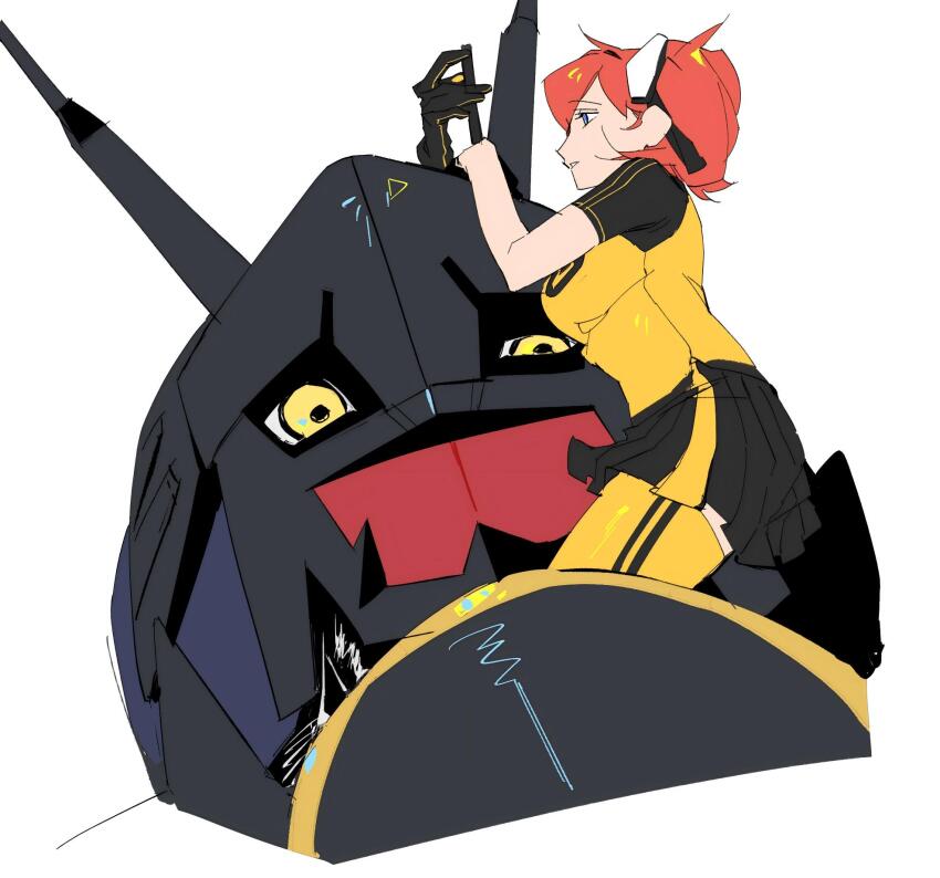 1girl, aiba_ami, alphamon, armor, black_armor, black_helmet, black_shirt, black_skirt, blue_eyes, breasts, dawu233, digimon, digimon_(creature), digimon_story:_cyber_sleuth, forehead_jewel, full_body, helmet, highres, knight, kuremi_kyouko, large_breasts, pleated_skirt, red_hair, shirt, side_ponytail, simple_background, skirt, thighhighs, two-tone_shirt, white_background, yellow_eyes, yellow_shirt, yellow_thighhighs, yuri