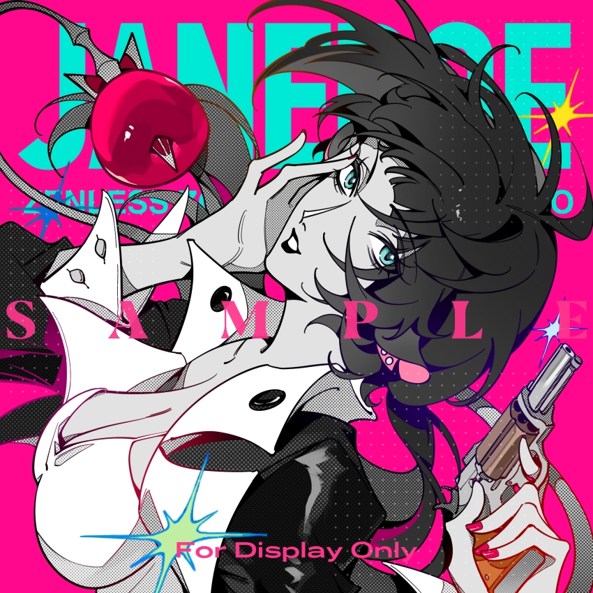 1girl, absurdres, alternate_costume, animal_ears, apple, black_hair, black_jacket, black_lips