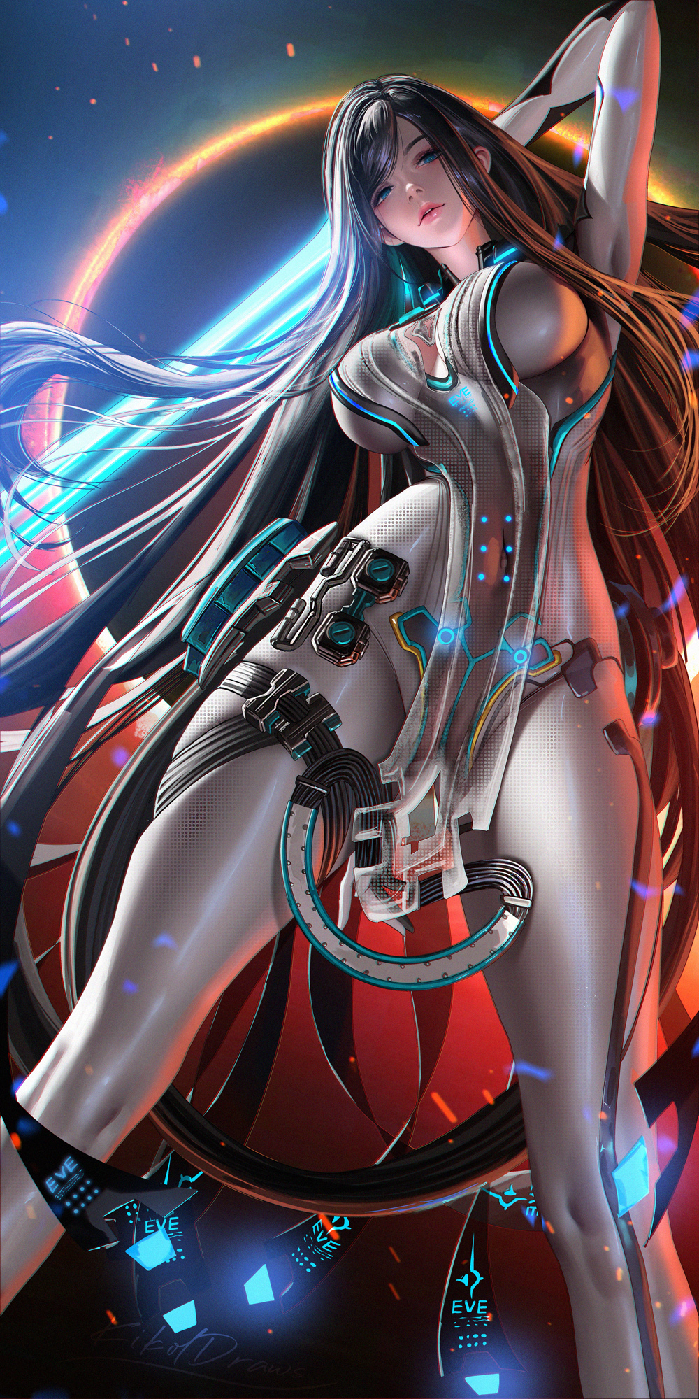 1girl, black_hair, blue_eyes, bodysuit, breasts, cleavage_cutout, clothing_cutout, glowing