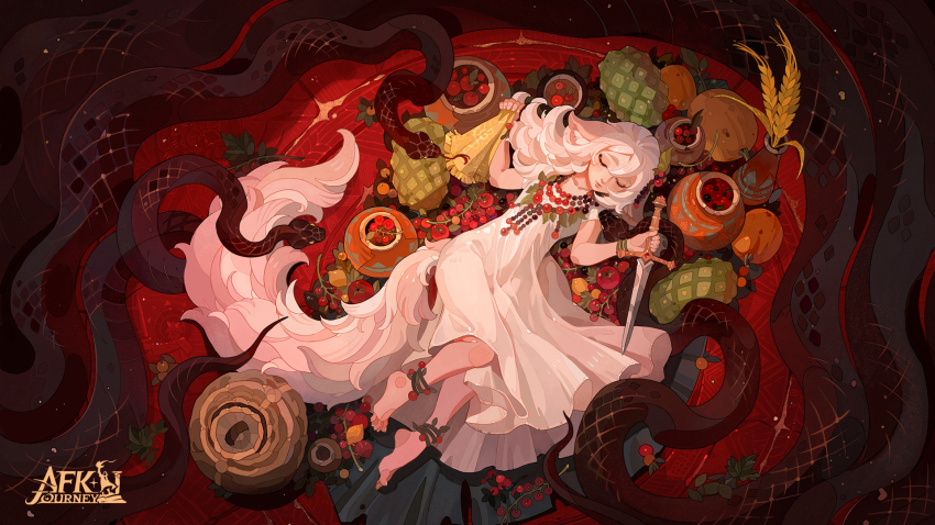 1girl, afk_(series), afk_journey, animal_ears, anklet, barefoot, bracelet, chinchilla_ears, chinchilla_girl, chinchilla_tail, closed_eyes, closed_mouth, collar, commentary, copyright_logo, dagger, dress, english_commentary, food, fruit, gala_(afk), highres, holding, holding_dagger, holding_knife, holding_weapon, human_sacrifice, jewelry, knife, logo, lying, official_art, on_back, snake, solo, tail, weapon, white_dress, white_hair