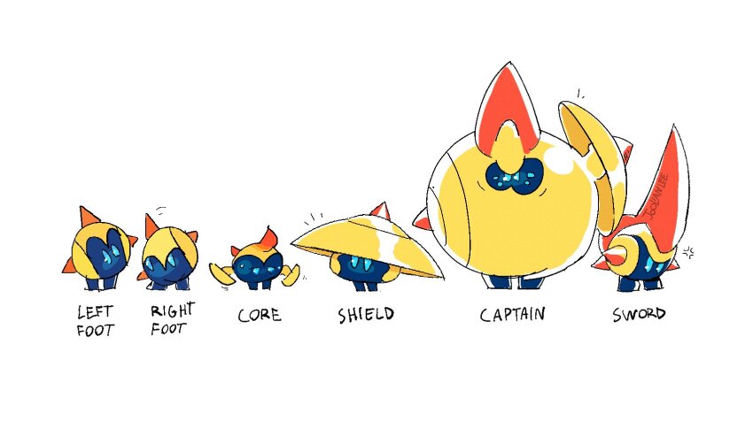 blue_eyes, english_text, falinks, gen_8_pokemon, highres, joolianlee, mega_falinks, mega_pokemon, nintendo, no_humans, pokemon, pokemon_(creature), pokemon_focus, shield, simple_background, sphere_body, sword, weapon, white_background