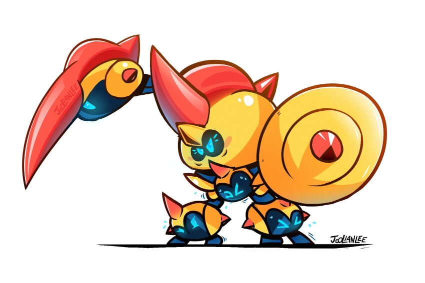 >_<, blue_eyes, closed_mouth, falinks, gen_8_pokemon, highres, holding, holding_shield, holding_weapon, joolianlee, mega_falinks, mega_pokemon, nintendo, no_humans, pokemon, pokemon_(creature), pokemon_focus, shield, simple_background, sphere_body, weapon, white_background