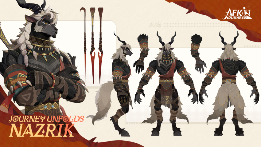 1boy, afk_(series), afk_journey, animal_ear_piercing, animal_ears, black_fur, black_horns, body_fur