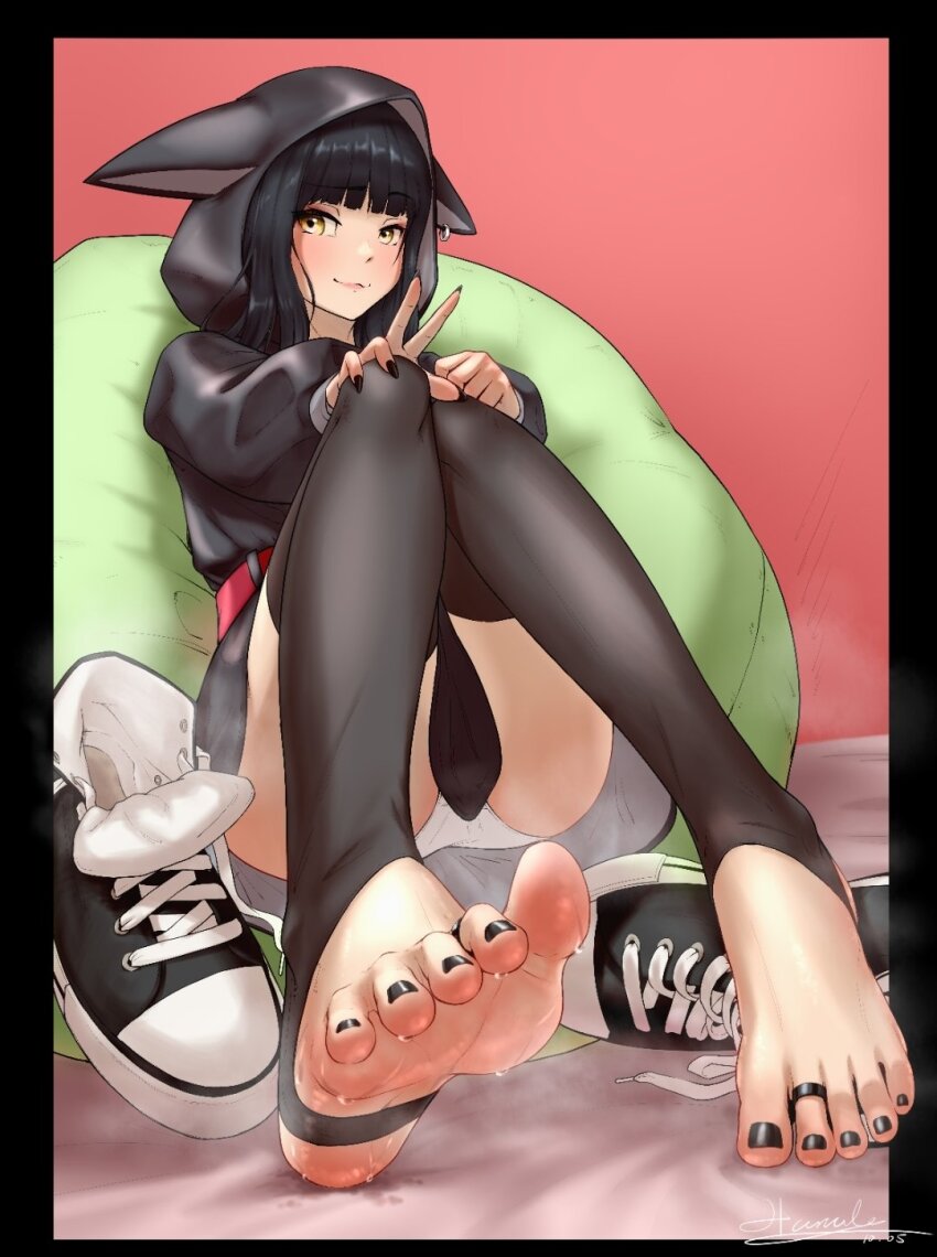1girl, animal_ear_hood, animal_ears, belt, black_border, black_dress, black_hair, black_shoes