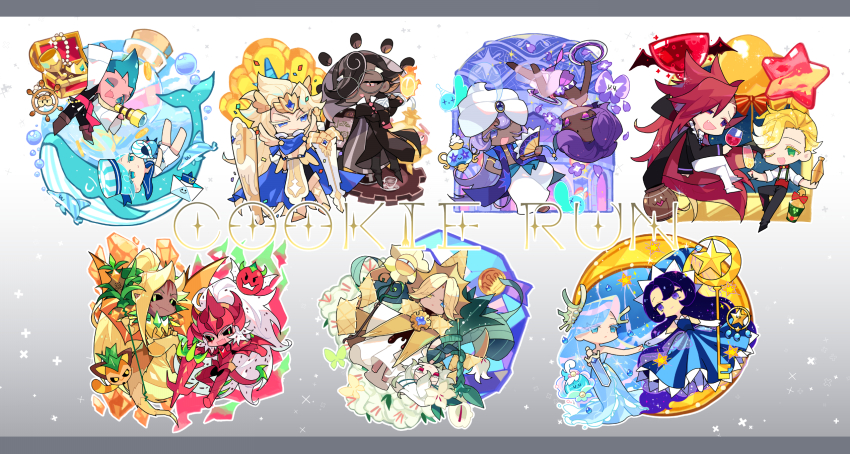 3girls, 4others, 6+boys, :d, ;d, absurdly_long_hair, alcohol, ananas_dragon_cookie, animal, arabian_clothes, arm_up, armor, armored_boots, asymmetrical_bangs, bandaged_arm, bandages, bare_arms, bare_shoulders, barefoot, black_cape, black_coat, black_pants, black_sclera, black_shirt, blonde_hair, blue_cape, blue_dress, blue_eyes, blue_hair, blue_hat, boots, bottle, bow_tie_bottle, brown_eyes, bubble, cape, chakram, champagne_flute, chibi, chibi_only, coat, coffee_beans, colored_eyelashes, colored_sclera, commentary_request, cookie_run, cookie_run:_kingdom, cookie_run:_ovenbreak, copyright_name, cup, curtained_hair, dark-skinned_male, dark_skin, dragon_fruitling, dragon_tail, dragon_wings, dreamcatcher_(cookie_run), dress, drinking_glass, elbow_gloves, espresso_cookie, eye_contact, fang, flower, food-themed_hair, full_armor, full_body, glasses, gloves, gradient_background, green_dress, green_eyes, grey-framed_eyewear, grey_background, hair_behind_ear, hair_flower, hair_ornament, hat, helmet, helmsman_will, heterochromia, highres, holding, holding_bottle, holding_cup, holding_shield, holding_staff, holding_sword, holding_telescope, holding_weapon, humanization, k4m, knee_boots, letterboxed, lilac_cookie, long_dress, long_hair, long_sleeves, looking_at_another, looking_at_viewer, madeleine_cookie, magic_lamp_(cookie_run), moonlight_cookie, mouth_veil, multiple_boys, multiple_girls, multiple_others, no_sclera, oak_barrel, one_eye_closed, open_mouth, outline, pants, paper_boat_sailor, parted_bangs, peppermint_cookie, petals, pineapplemur, pitaya_dragon_cookie, pure_vanilla_cookie, purple_eyes, purple_hair, purple_petals, red_armor, red_cape, red_eyes, red_hair, red_helmet, red_tail, red_wine, red_wings, round_eyewear, sea_fairy_cookie, see-through_clothes, see-through_veil, shield, shirt, shoes, short_hair, short_sleeves, side_cut, simple_background, sitting, skin_fang, smile, sorbet_shark_cookie, sparkling_cookie, staff, standing, standing_on_one_leg, star_(symbol), star_balloon, strapless, strapless_dress, striped_clothes, striped_dress, striped_hat, suspenders, sword, tail, telescope, topless_male, tranquil_bloom, treasure_chest, turban, two-sided_cape, two-sided_fabric, vampire_cookie, veil, vertical-striped_clothes, vertical-striped_dress, very_dark_skin, very_long_hair, very_short_hair, wave_drop, weapon, whale, white_background, white_eyelashes, white_flower, white_gloves, white_hair, white_lily, white_lily_cookie, white_outline, white_pants, white_shirt, white_shoes, white_turban, white_veil, wine, wine_glass, wings, wizard_hat, yellow_armor, yellow_boots, yellow_eyes, yellow_hat, yellow_tail, yellow_wings, yogurt_cream_cookie